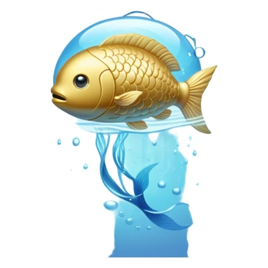 Shimmering golden capsule floating in flowing soft blue liquid currents, with an ethereal translucent fish circling around a glowing brain suspended in the fluid. Gentle waves of light pulsing outward from the brain, creating an aura of serenity, enhanced focus and mental clarity. sticker