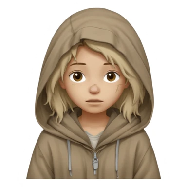 Young beggar little girl character, chest-up portrait, wearing worn and oversized clothes, hair is visible, no hat or such, neutral earth-tone fabric, slightly messy hair peeking from under a hood, tired but gentle eyes, subtle dirt marks on face, sticker