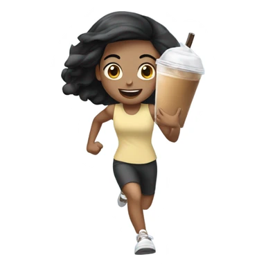 girl with black hair running with iced coffee all over her sticker