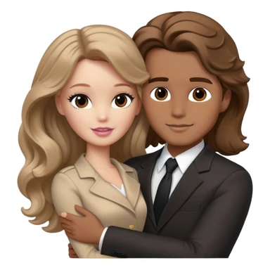 White Barbie girl Chestnut long wavy hair In beige clothes, Hugs a man with brown hair, brown eyes and a black suit sticker