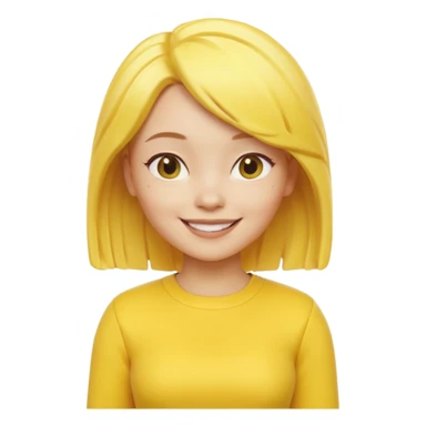 A 3D cartoon female character fully in yellow tones — skin, hair, and outfit all yellow — smiling gently, medium-length hair, cinematic Memoji-style rendering, cohesive with other yellow character sticker