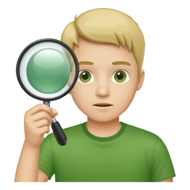 Человек в зеленой футболке , который смотрит в компьютер через лупу  sticker