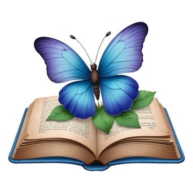 A vintage book with a worn blue cover, open to reveal pressed pansies and a resting green butterfly. sticker