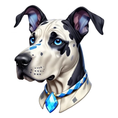 Cinematic Noble Harlequin Great Dane Portrait Emoji, Poised and regal, with a towering, muscular build and a striking coat of predominantly white with bold black patches, deep-set soulful blue eyes, Simplified yet sharp and sophisticated features, highly detailed, glowing with a soft, dignified glow, high shine, intelligent and loyal, stylized with an air of majesty, focused and attentive, soft glowing outline, capturing the essence of a watchful and confident guardian, so majestic it feels as though it could stride out of the screen with effortless authority! sticker