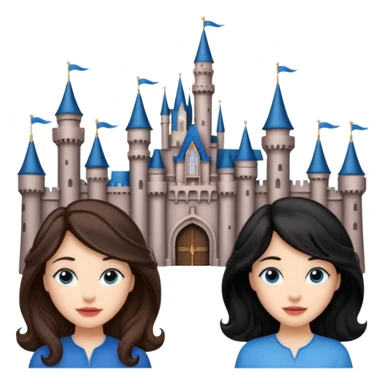 Quiero que crees una imagen donde este el castillo de Disney y por detrás o delante pon a 4 chicas: una con el pelo largo rizado marrón , otra con el pelo muy corto negro, como un chico, otra con el pelo mediano liso marrón con ojos azulesy otra con el pelo negro largo liso . Todos son color carne.  sticker