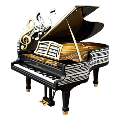 Create a sophisticated and celebratory emoji collage representing keyboard instruments, designed in the style of a coat of arms or crest. The design should feature a central, ornate grand piano with black and white keys, surrounded by a ribbon of musical notes. The ribbon should intertwine with a second ribbon made of black-and-white piano keys, creating a flowing, symmetrical pattern. Include delicate, elegant details such as the pedals of the grand piano, intricate woodwork, and the glossy, polished surface of the instrument. The musical notes should be swirling around the design in a harmonious, festive arrangement. Use gold, silver, and rich wood tones to evoke a sense of luxury and professionalism, with the black-and-white keys of the piano adding contrast. The background should remain transparent. sticker