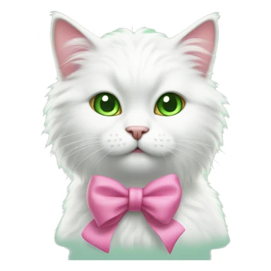 a white fluffy cat, with green eyes and a pink bow on its head, licks its paws sticker
