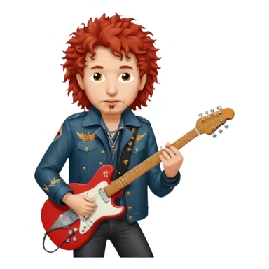 realistic cinematic Bob Dylan, unshaven and long haired, in a motor jacket embroidered with bronze cranes, plays an electric guitar, his long curly hair is red from the spotlights sticker
