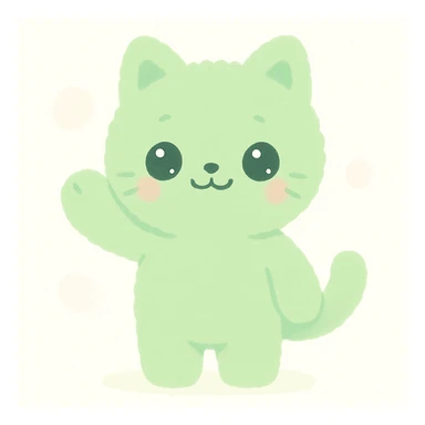 green fuzzy cute cat, standing, waving paw, sparkling eyes, plush toy look, clean background sticker