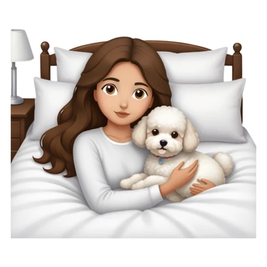 Olive skin girl with long brown hair in bed with 3 white bichon frise's sticker