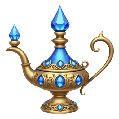 a genie lamp with blue gems and a DD carved sticker