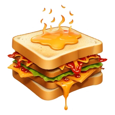 extra spicy sucuk sandwich object icon, crispy toasted bread, lots of spicy sucuk slices, dripping melted cheese, hot chili sauce, red pepper flakes, spicy steam effect, 3D cartoon, mobile game icon style, clean background, no text, no watermark
 sticker
