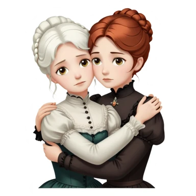 Two Victorian women with light eyes embracing in a sad, intimate hug. One woman has bright white coiffed hair and the other has dark copper coiffed hair. Both wearing Victorian high-neck dresses with their arms wrapped tightly around each other sticker