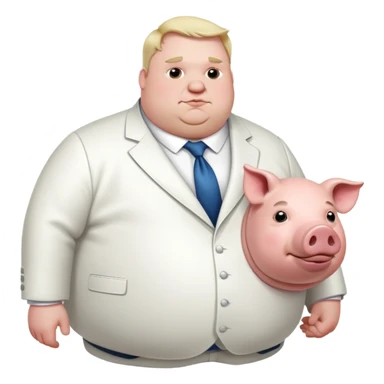 Fat man in a big white suit and a pig sticker
