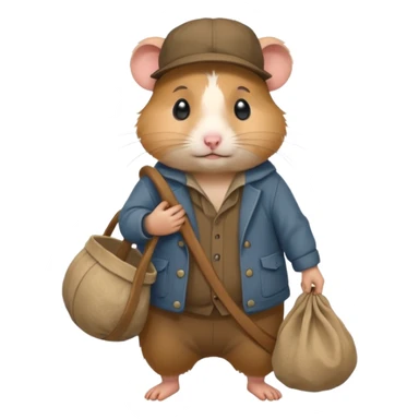 cartoon-style hamster poor hobo carrying a bindle over its shoulder with a sad expression. sticker
