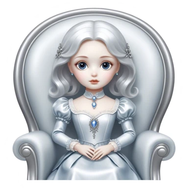 Cinematic and Ultra realistic 32k HD hauntingly beautiful porcelain doll sitting in a chair, Balanced features, highly detailed, glowing with silver light, high shine, remembrance, a painting of white silver, fanciful, enchanting. The image is so lifelike it could leap off the canvas at any moment sticker