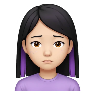 Sad Asian teenager, long straight black hair, lilac bando, white shirt, acne and breakout on cheek sticker