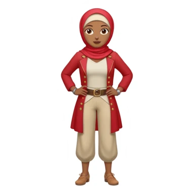Heavy-set woman with medium-brown skin wearing a light red hijab, cream top, light red pants, tan shoes, and a visible gray pirate peg leg. Standing confidently with one hand on her hip sticker