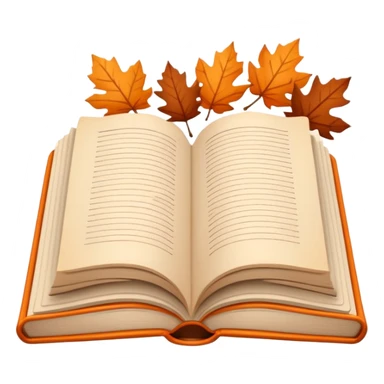 Minimal flat emoji of an open book with autumn leaves around it, cozy fall theme, simple line art, neutral beige background, black outlines, subtle orange and brown accents, clean modern style inspired by Notion graphics, symbolizing a Fall Reading Challenge. sticker