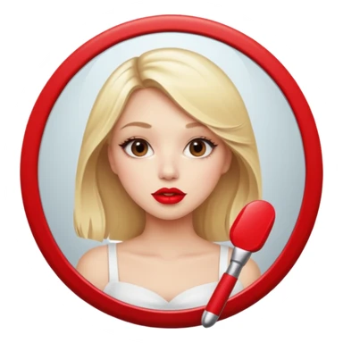 blonde girl taking mirror selfie. Red lipstick sticker