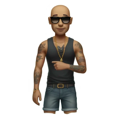 bald man with sunglasses by water with tattoos  sticker