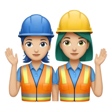 Um homem e uma mulher amarelos com capacete de obras ambos azul escuro e camisa social cinza com faixas refletivas verdes nos braços, Um deles deve estar segurando um megafone de avisos sticker