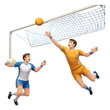 A handball thrown towards the goal, mid-air, with the goalposts and court lines in the background. The scene captures the power and precision of the throw, with the net of the goal in focus, emphasizing the dynamic action of the sport. sticker