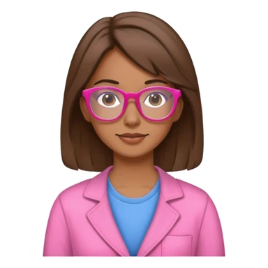 Mujer jóven, profesora de educación, con el pelo castaño suelto, piel morenita, gafas de color rosado y ropa cómoda sticker