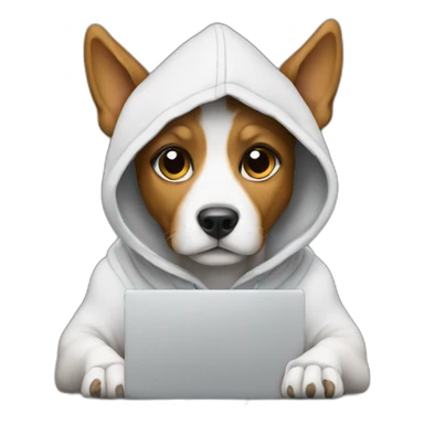 Dog with hoodie programming with paws on a laptop sticker