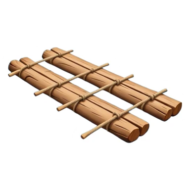 showing a simple wooden raft floating on calm blue water — made of several brown logs tied together with rope — gentle ripples around it — bright, cheerful lighting and soft shadows — minimalist, clean emoji design sticker