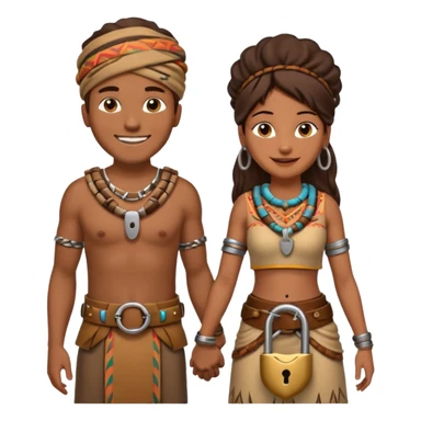 A happy tribal man holding hands with a happy tribal woman wearing a belt with a padlock sticker