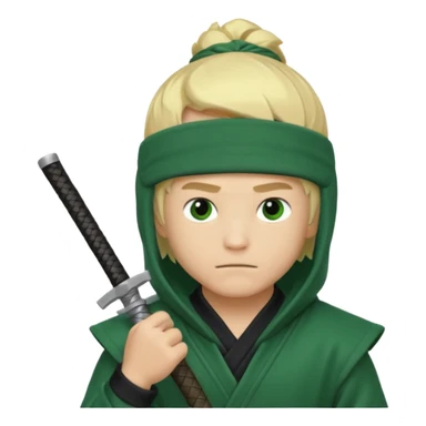 Green ninja Lloyd garmadon blonde hair, kaptur hoody on his head but blonde grzywka visible; the bottom left one is best (the one without miecze + black band + no mask of face) but add miecz sticker