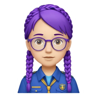 blue uniform wearing scout kid with braids and glassess with hat purple haired sticker