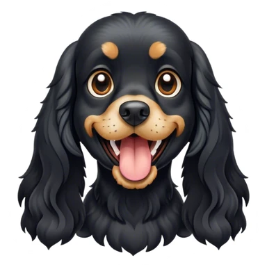 Cinematic Comical Black Cocker Spaniel Portrait Emoji, Head tilted dramatically with an exaggeratedly amused expression, featuring a shiny black coat with noticeable tan accents, wide, expressive dark eyes filled with playful disbelief, Simplified yet hilariously expressive features, highly detailed, glowing with a slightly sassy glow, high shine, dramatic yet playful, stylized with an air of cheeky mischief, bright and endearing, soft glowing outline, capturing the essence of a spirited and over-the-top companion, so meme-worthy it feels like it could side-eye its way into internet fame instantly! sticker