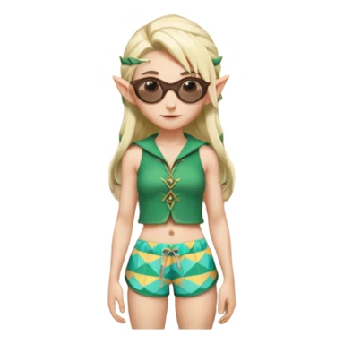 elf female legolas portrait, patterned board shorts (geometric/abstract), unique wooden-framed sunglasses, undercut hairstyle, slight smirk, visible pointy ears, no background, centered emoji, hipster summer vibe coctails with hat sticker