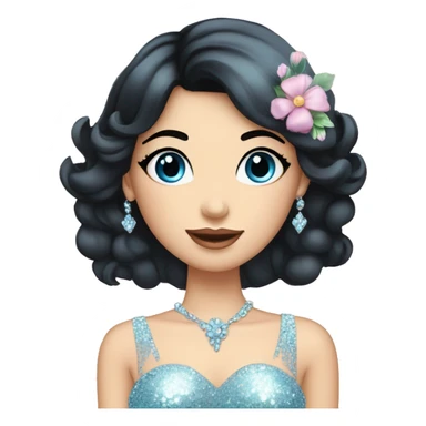 Gorgeous pastel Lady with black hair blue eyes in a sparkly shiny dress with tiara and necklace and flowers behind her and trending  sticker
