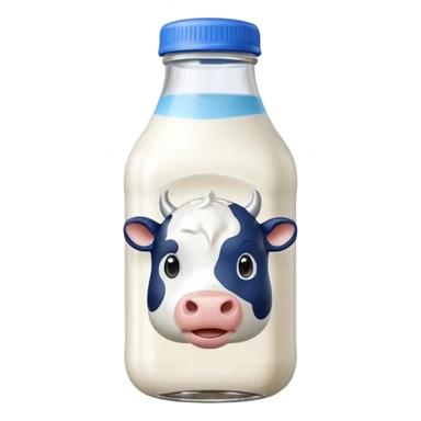 A 3D cartoon glass bottle of cow’s milk — white liquid, blue cap, clear reflections, Memoji-style rendering. sticker