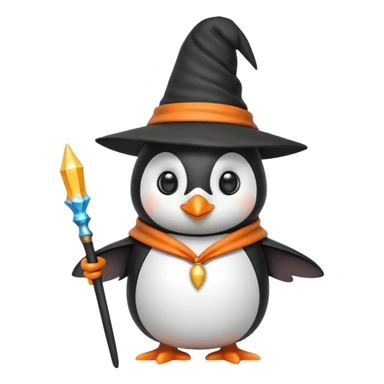 A penguin wizard with a pointy hat and a wand, looking magical and cute sticker