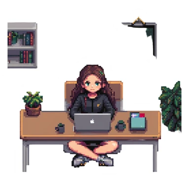 a girl sitting at a desk with a MacBook, focus on face and laptop, pixel art style sticker