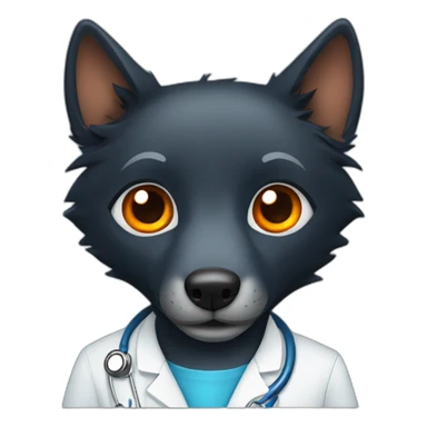 Black wolf with orange eyes wearing a blue doctor scrub sticker