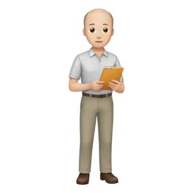 man, mid 40's shirt and trousers balding hairline, full body, standing, holding a clipboard sticker