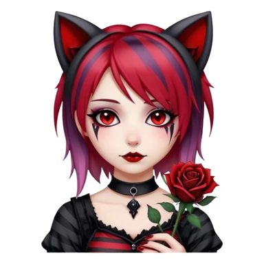 Bloody black rose anime gothic emo  beautiful gorgeous cool edgy cute lady with cat ears, gradient black-and-red-striped hair sticker