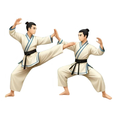 Two martial artists in traditional Wushu attire, performing elegant, fluid moves. The background shows a peaceful, scenic landscape with mountains and bamboo trees, symbolizing the balance of power and grace in Wushu.  sticker