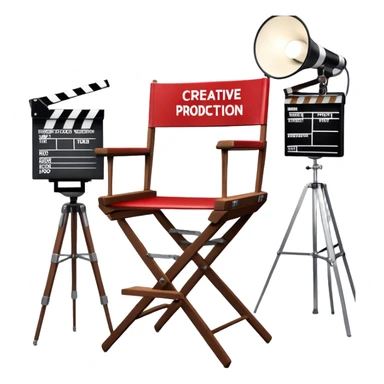Icon for Directing: a director's chair, a film slate, a megaphone, and a stage set with lights. The icon should represent the creative and leadership aspects of directing, with focus on film and theater production. Transparent background. sticker