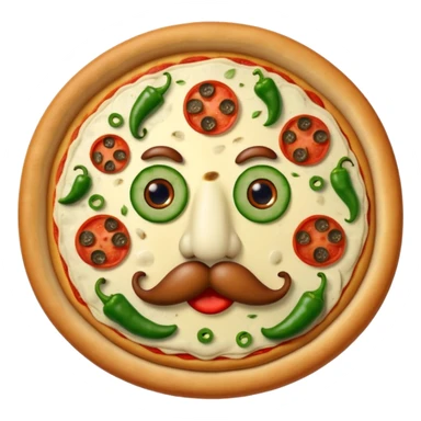 Complete Pizza with two red pepperoni eyes, a mushroom nose, and a mouth, mustache, and eyebrows made out of green peppers sticker