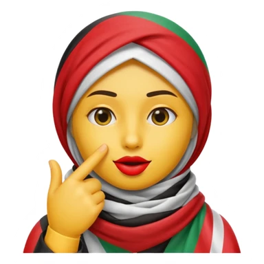 yellow emoji face finger to lips in shh pose wearing Palestinian keffiyeh with Palestinian flag colors subtly included in scarf design sticker