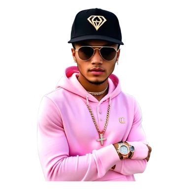 1 person standing in front of a private plane and a rolls Royce. His name is Josh king Madrid. He is wearing a “JETSET” diamond pendant, 3 diamond sparkly tennis chains, iced out diamond rose gold ap watch , black hat that says “JETSET” , pink hoodie that says “JETSET” instead of Gucci. Phone in hand with virtual money $$$ symbol and gold symbol notifications flying out of it holographically  sticker