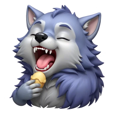 Cinematic Cute Yawning Werewolf Portrait Emoji, with a cuddly, miniature lupine form in soft moonlit grays and silvers, head leaning back in a big, adorable yawn that reveals a few fuzzy teeth, simplified yet irresistibly charming, highly detailed with a soft glowing outline that captures the drowsy, playful essence of a werewolf mid-nap! sticker