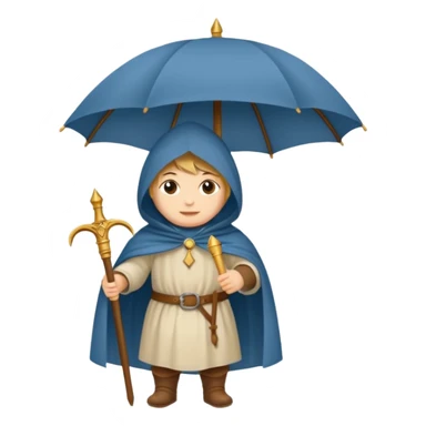 vorrei un piccolo pellegrino medievale in stile stickers sotto la pioggia con un grande ombrello sticker