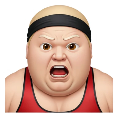 Extreme close-up of face of morbidly obese white skin guy with young face, prominent BLACK DURAG tied clearly on head, black beard but no mustache, clean shaven upper lip, black eyes in a red and black wrestling singlet with mouth wide open screaming angrily sticker